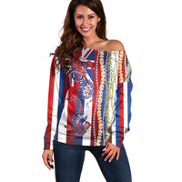 Hawaiian Sea Animals Off Shoulder Sweater with Lei and Flag Style