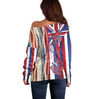Hawaiian Sea Animals Off Shoulder Sweater with Lei and Flag Style