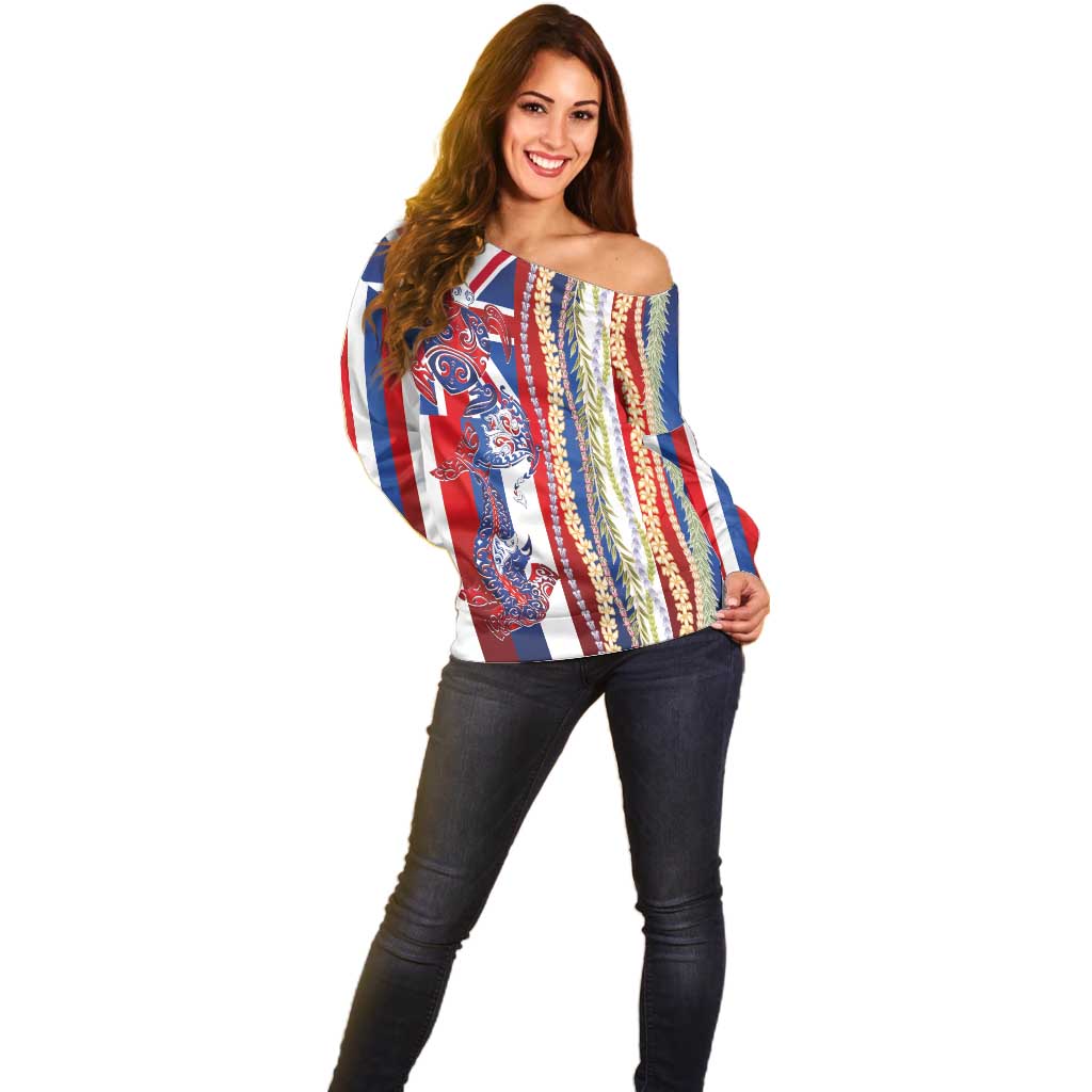 Hawaiian Sea Animals Off Shoulder Sweater with Lei and Flag Style