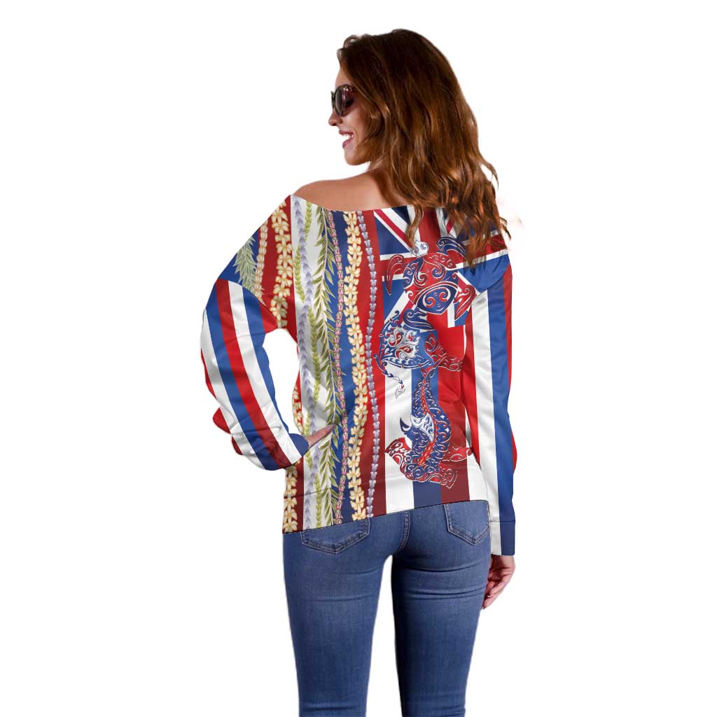 Hawaiian Sea Animals Off Shoulder Sweater with Lei and Flag Style