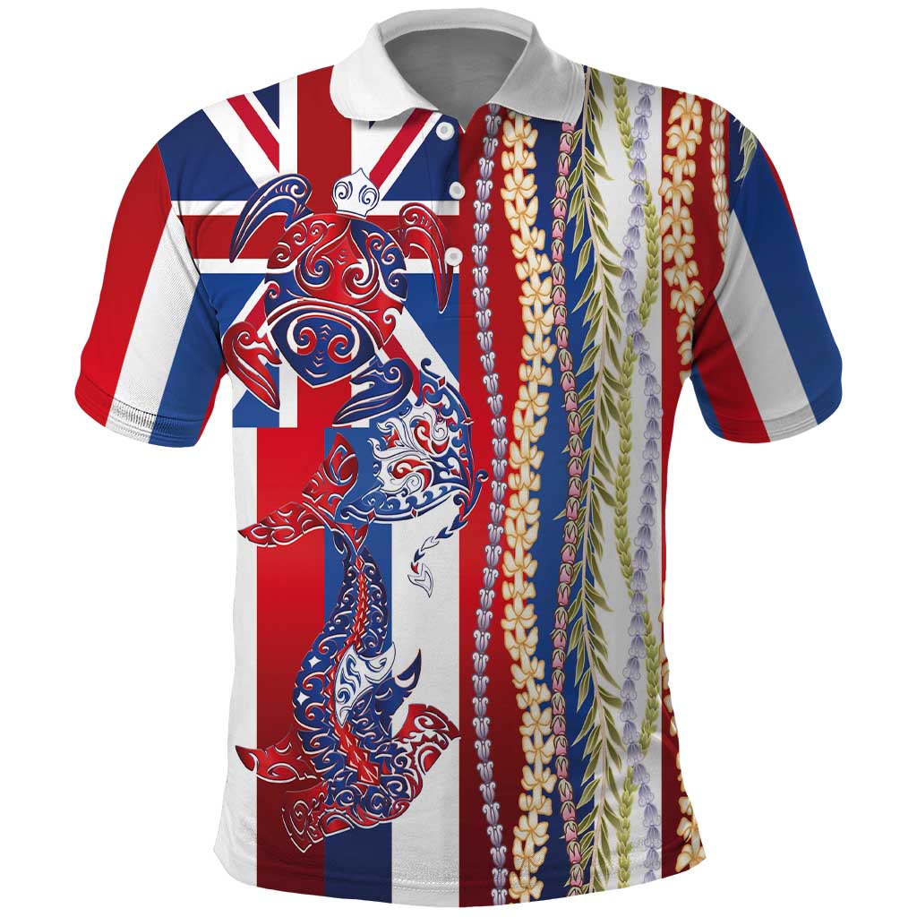 Hawaiian Sea Animals Polo Shirt with Lei and Flag Style