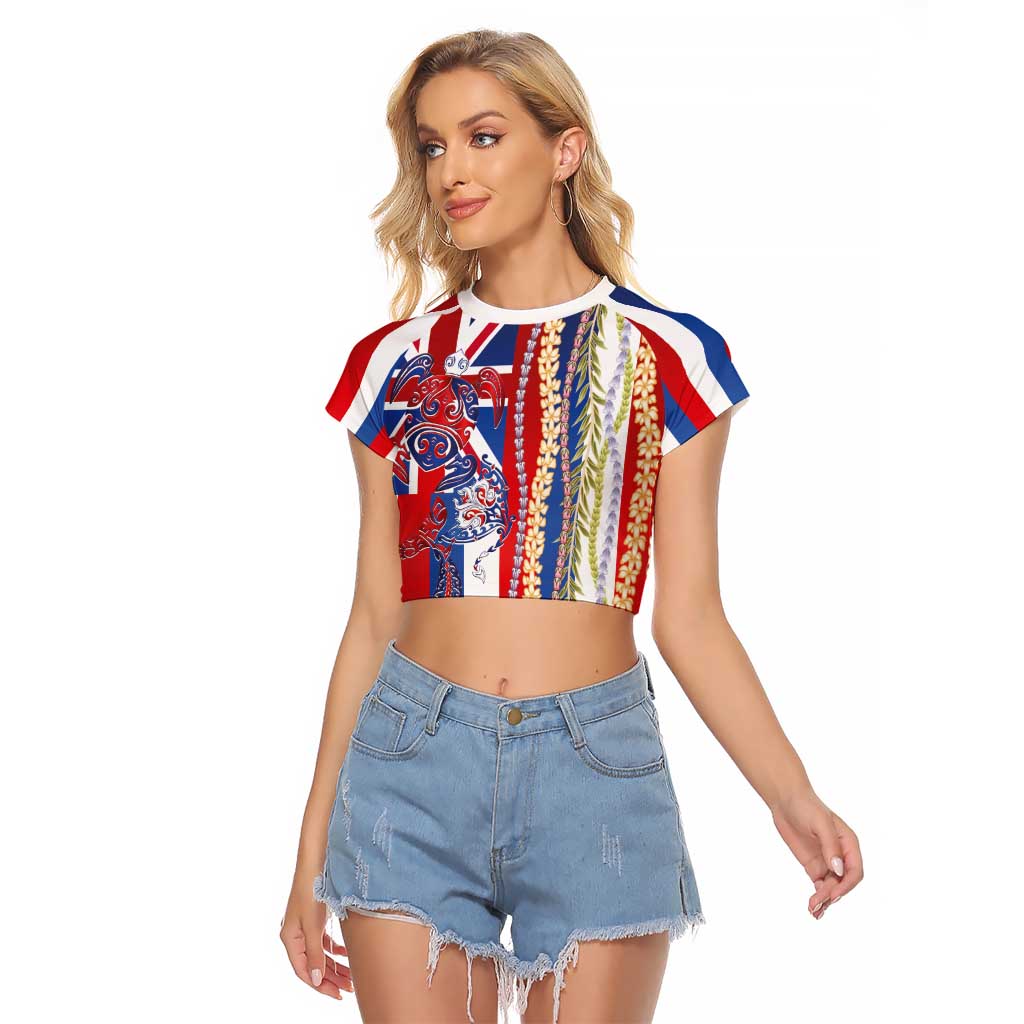 Hawaiian Sea Animals Raglan Cropped T Shirt with Lei and Flag Style LT03 Female Multicolor - Polynesian Pride