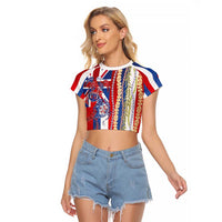 Hawaiian Sea Animals Raglan Cropped T Shirt with Lei and Flag Style LT03 Female Multicolor - Polynesian Pride