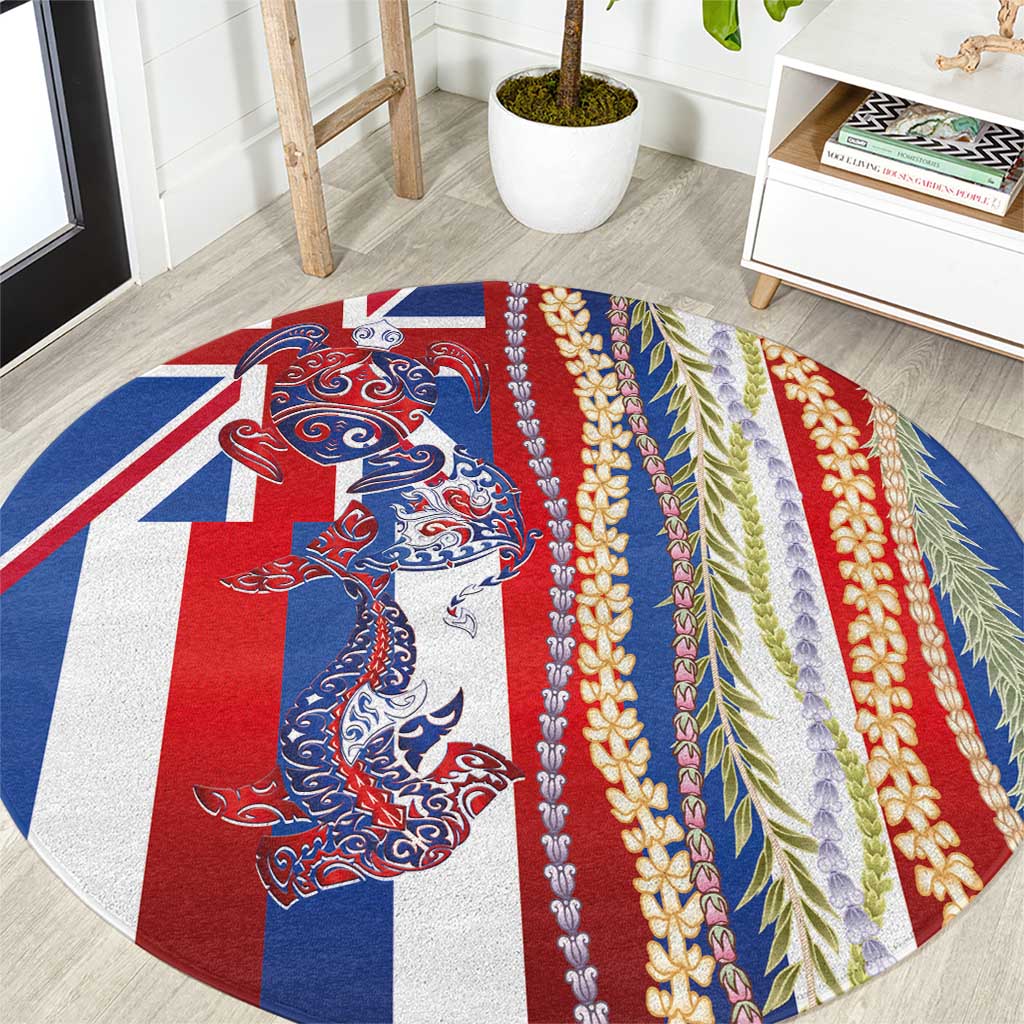 Hawaiian Sea Animals Round Carpet with Lei and Flag Style