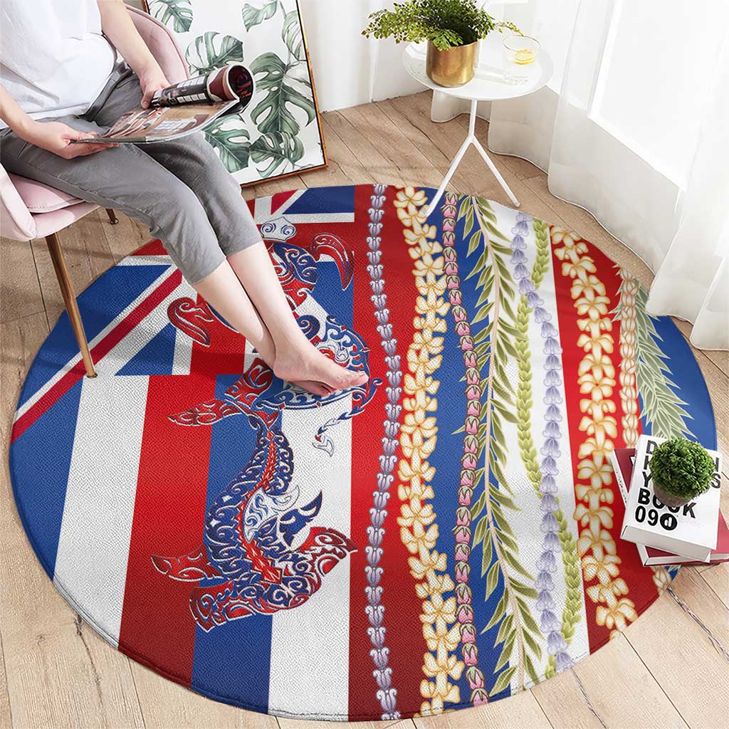 Hawaiian Sea Animals Round Carpet with Lei and Flag Style