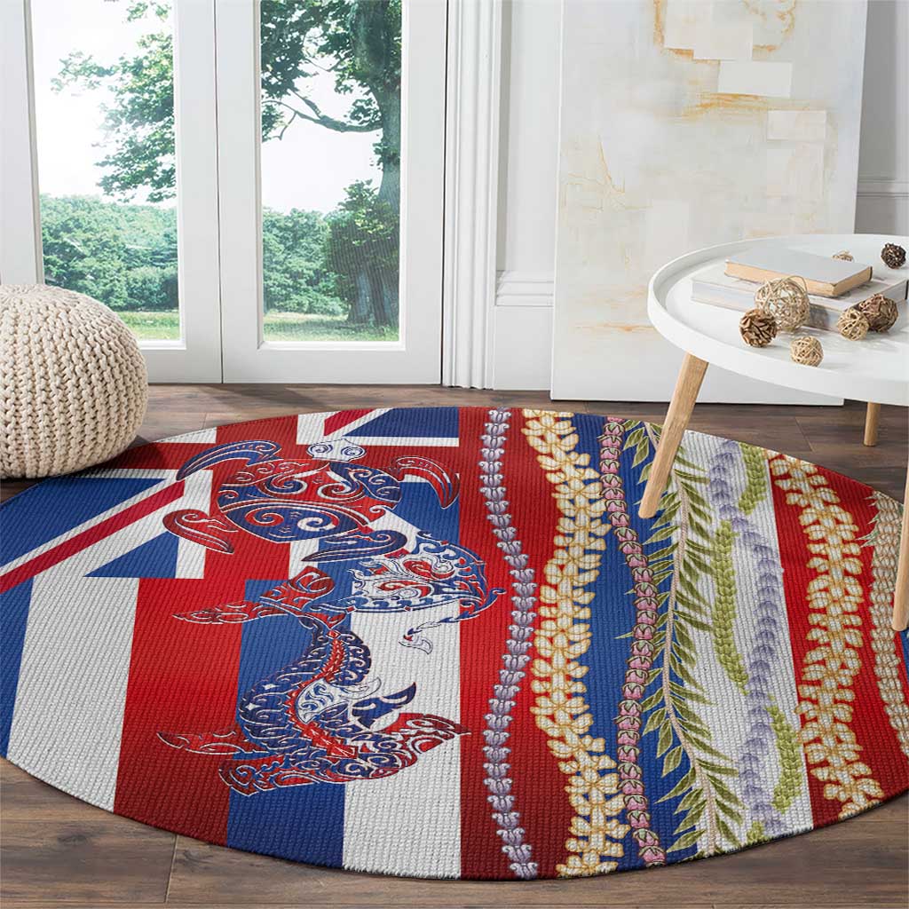 Hawaiian Sea Animals Round Carpet with Lei and Flag Style