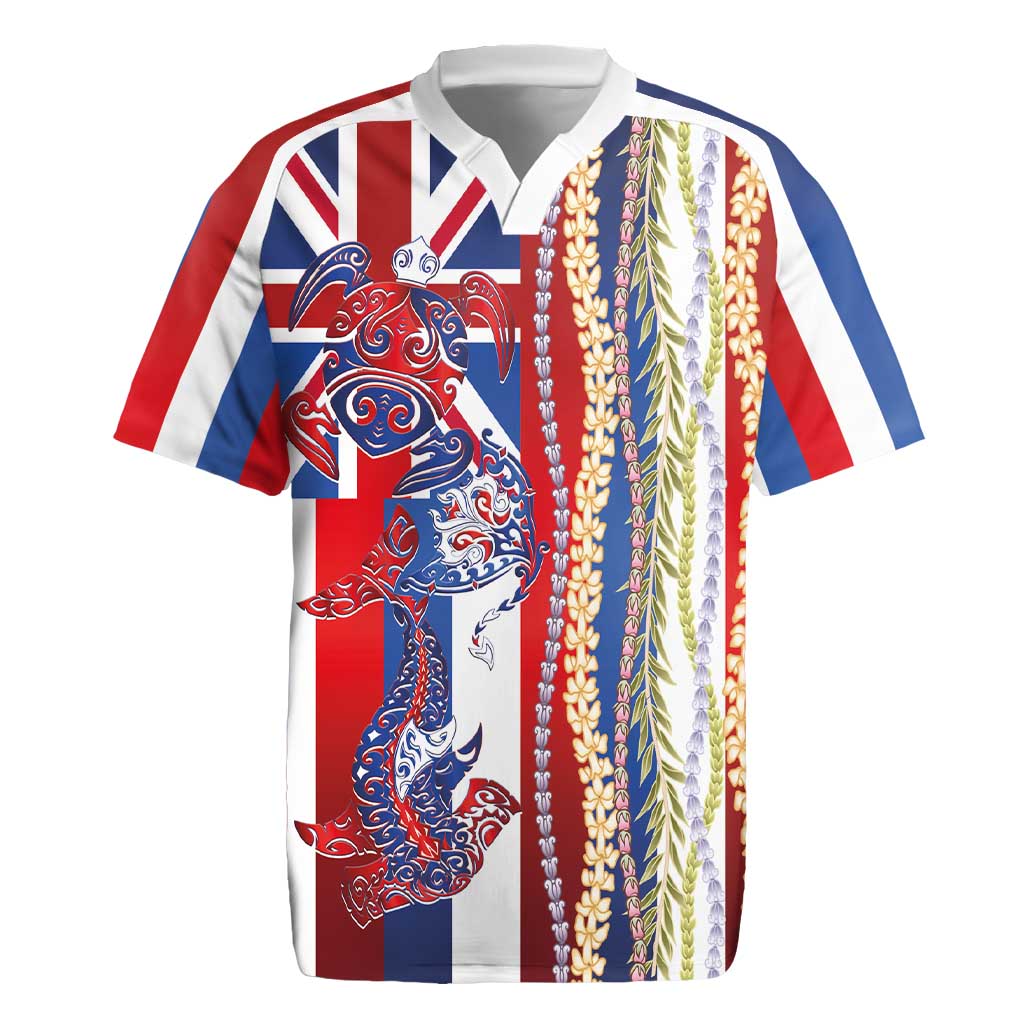 Hawaiian Sea Animals Rugby Jersey with Lei and Flag Style