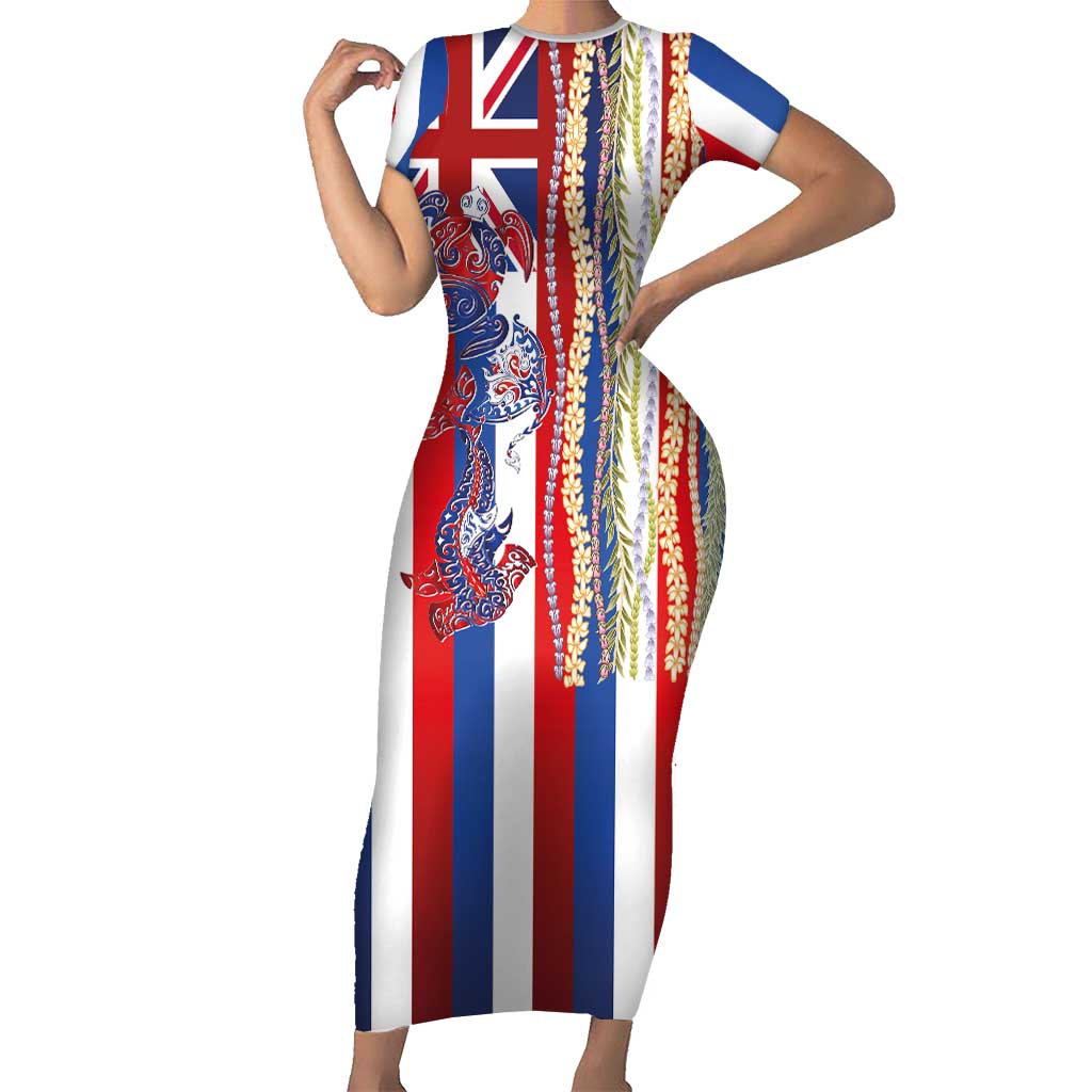 Hawaiian Sea Animals Short Sleeve Bodycon Dress with Lei and Flag Style LT03 Long Dress Multicolor - Polynesian Pride