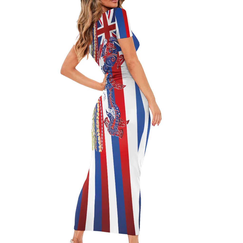 Hawaiian Sea Animals Short Sleeve Bodycon Dress with Lei and Flag Style