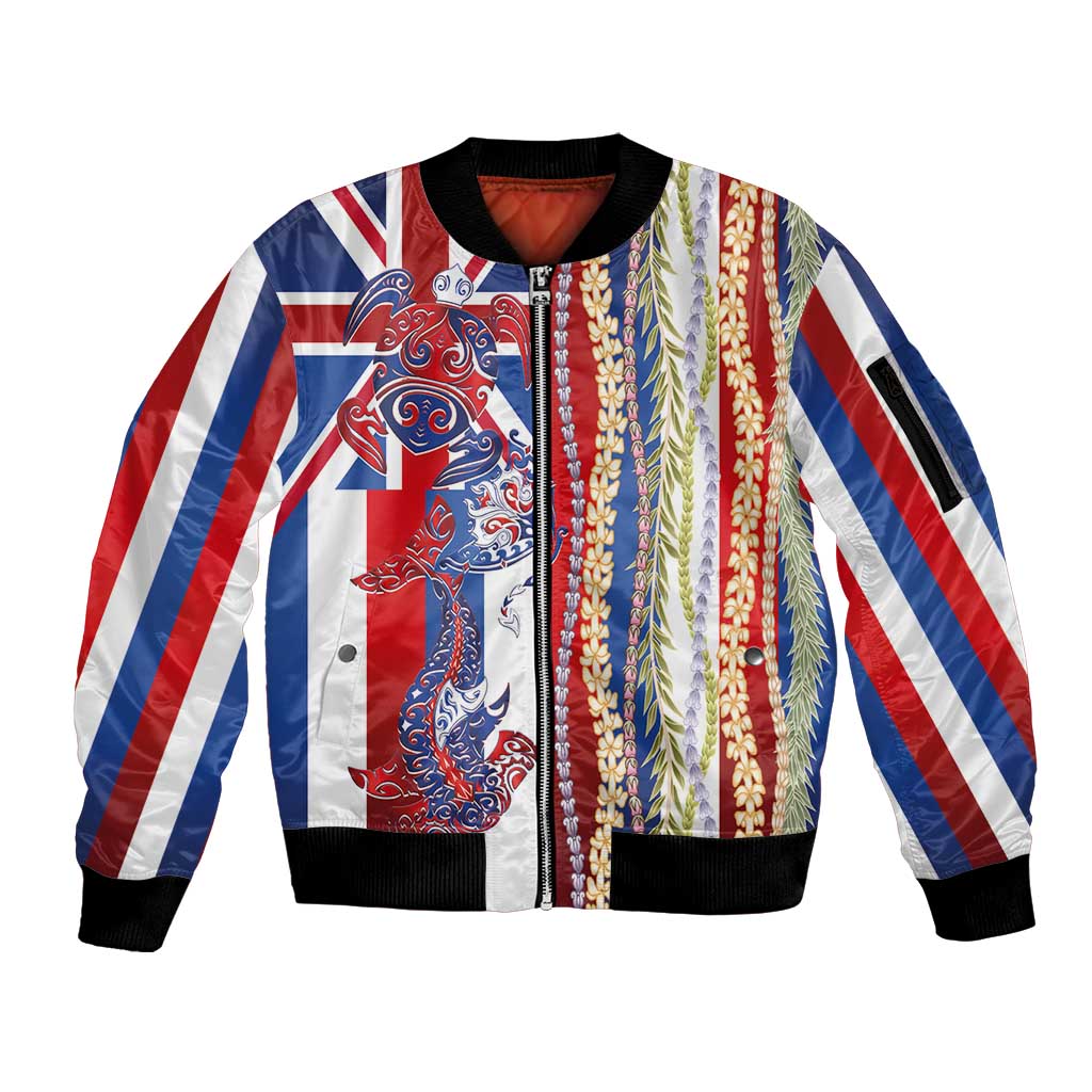 Hawaiian Sea Animals Sleeve Zip Bomber Jacket with Lei and Flag Style LT03 Unisex Multicolor - Polynesian Pride