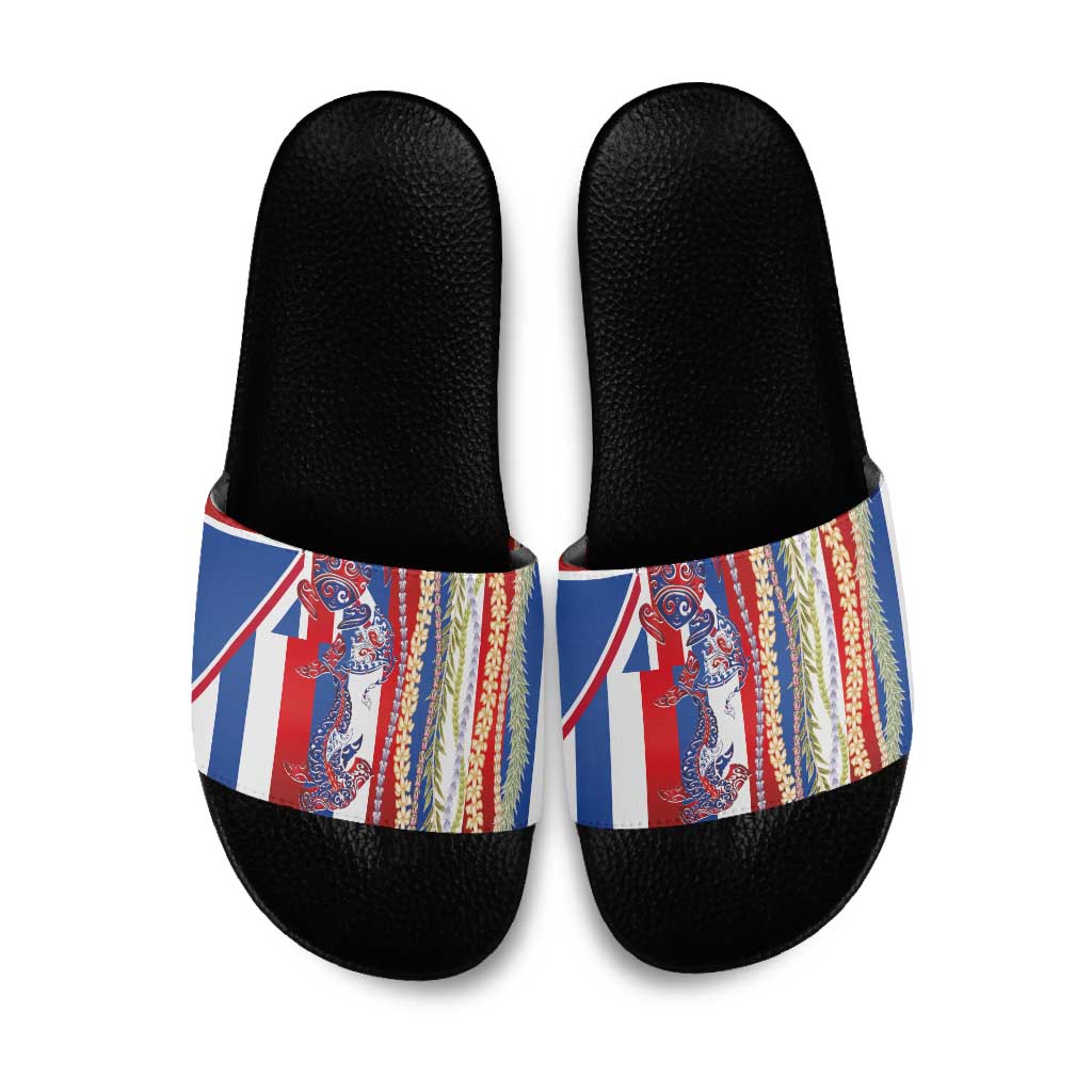 Hawaiian Sea Animals Slide Sandals with Lei and Flag Style
