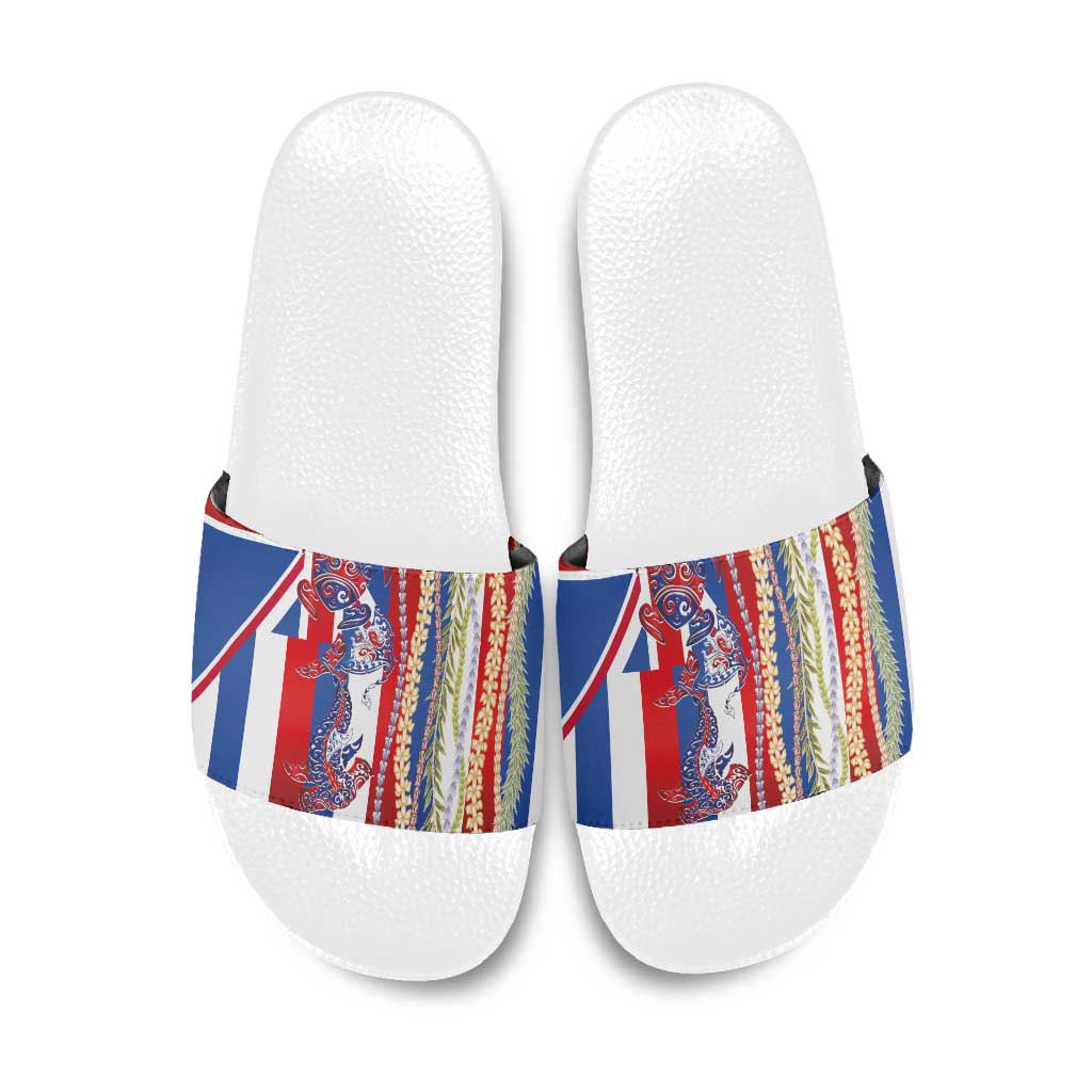 Hawaiian Sea Animals Slide Sandals with Lei and Flag Style
