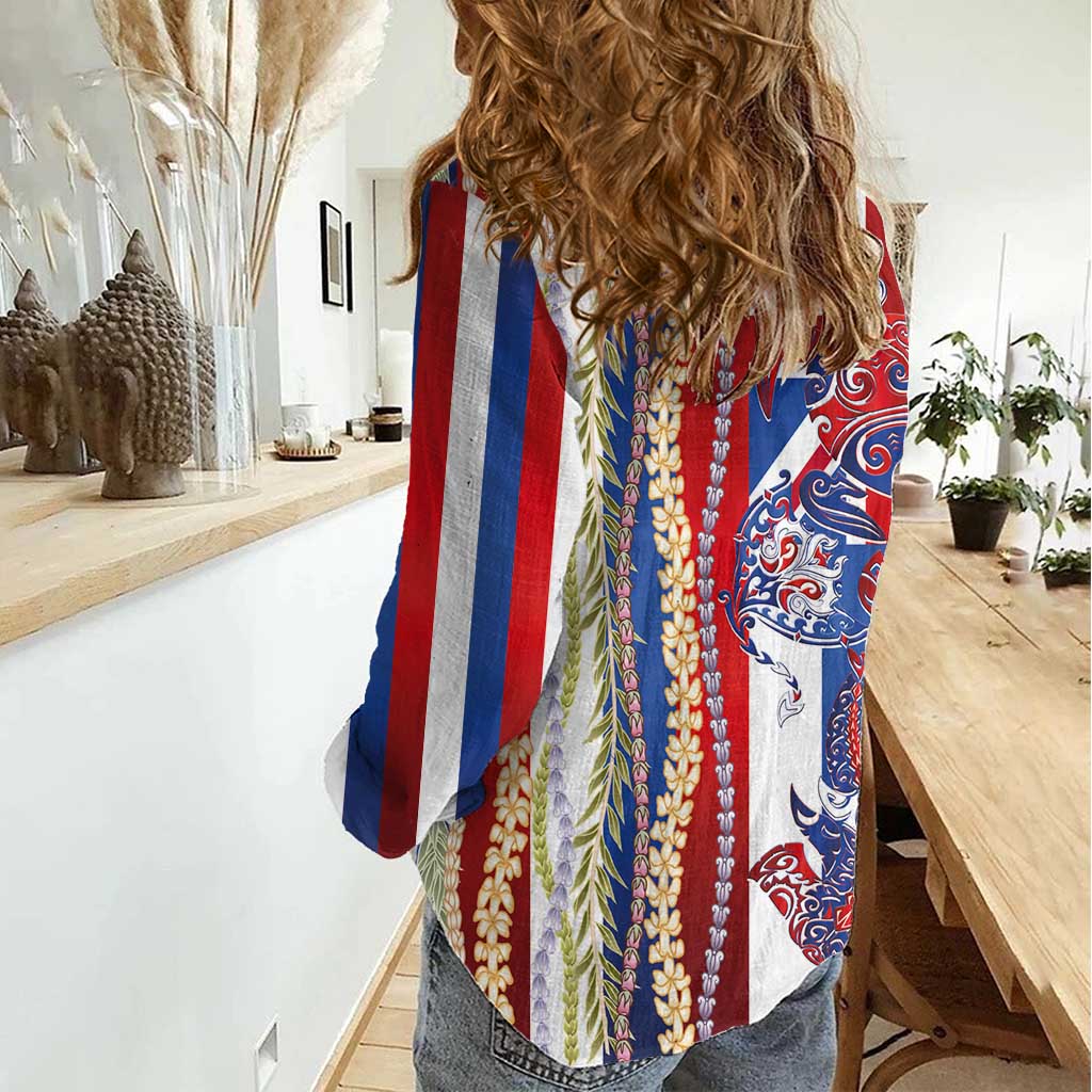 Hawaiian Sea Animals Women Casual Shirt with Lei and Flag Style LT03 - Polynesian Pride