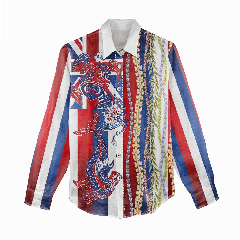 Hawaiian Sea Animals Women Casual Shirt with Lei and Flag Style LT03 - Polynesian Pride