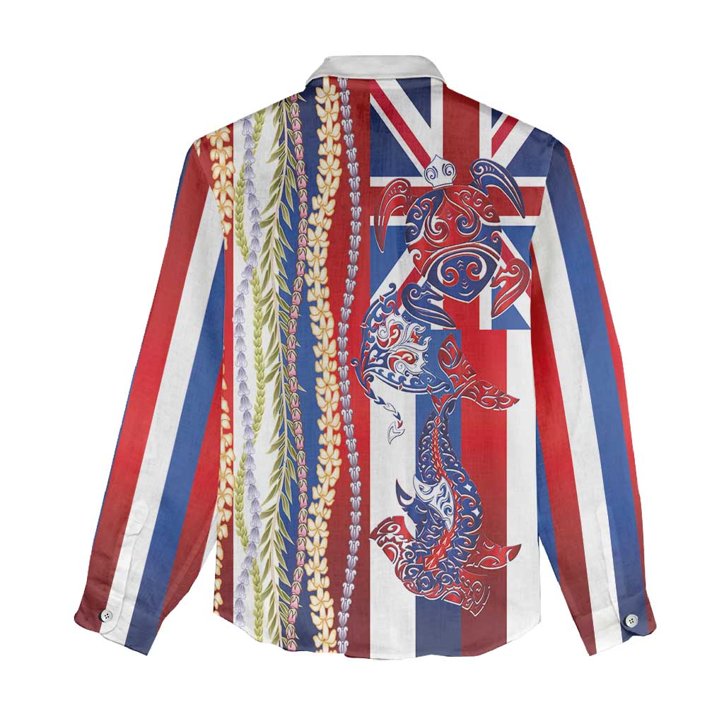 Hawaiian Sea Animals Women Casual Shirt with Lei and Flag Style LT03 - Polynesian Pride