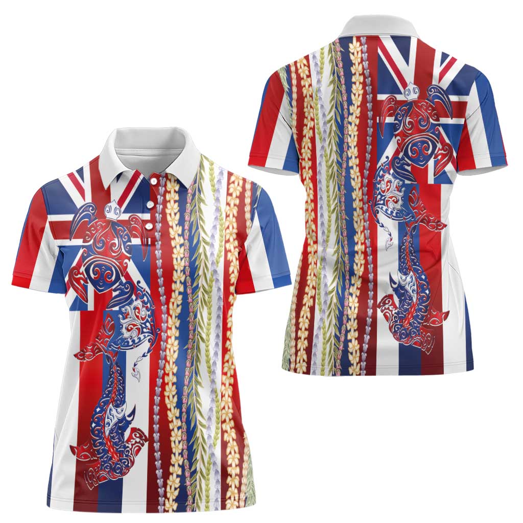 Hawaiian Sea Animals Women Polo Shirt with Lei and Flag Style