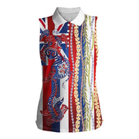 Hawaiian Sea Animals Women Sleeveless Polo Shirt with Lei and Flag Style