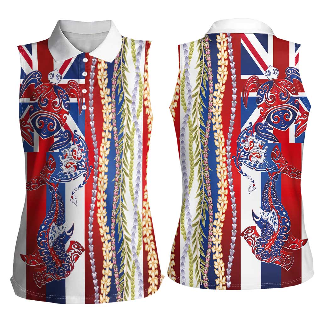 Hawaiian Sea Animals Women Sleeveless Polo Shirt with Lei and Flag Style