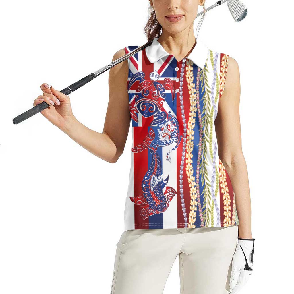 Hawaiian Sea Animals Women Sleeveless Polo Shirt with Lei and Flag Style