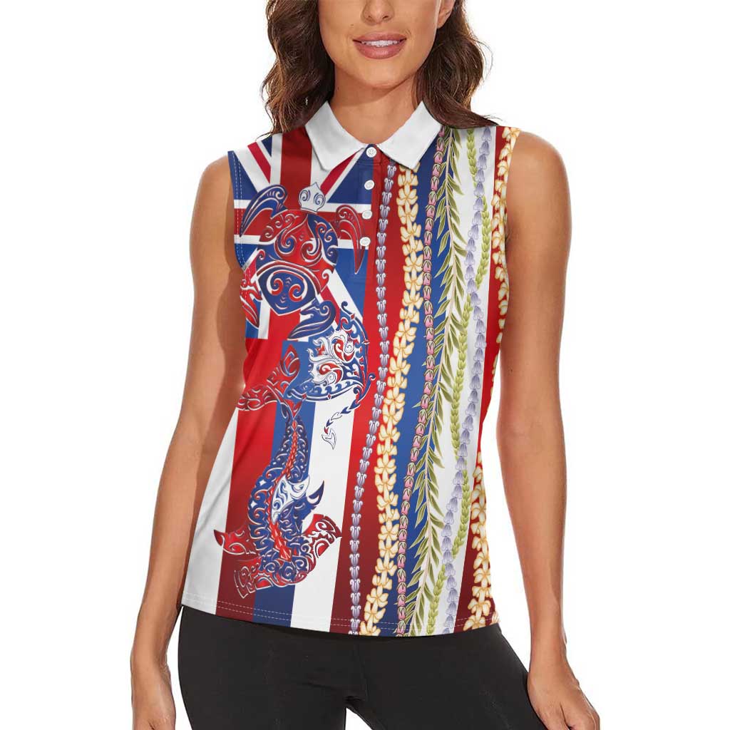 Hawaiian Sea Animals Women Sleeveless Polo Shirt with Lei and Flag Style