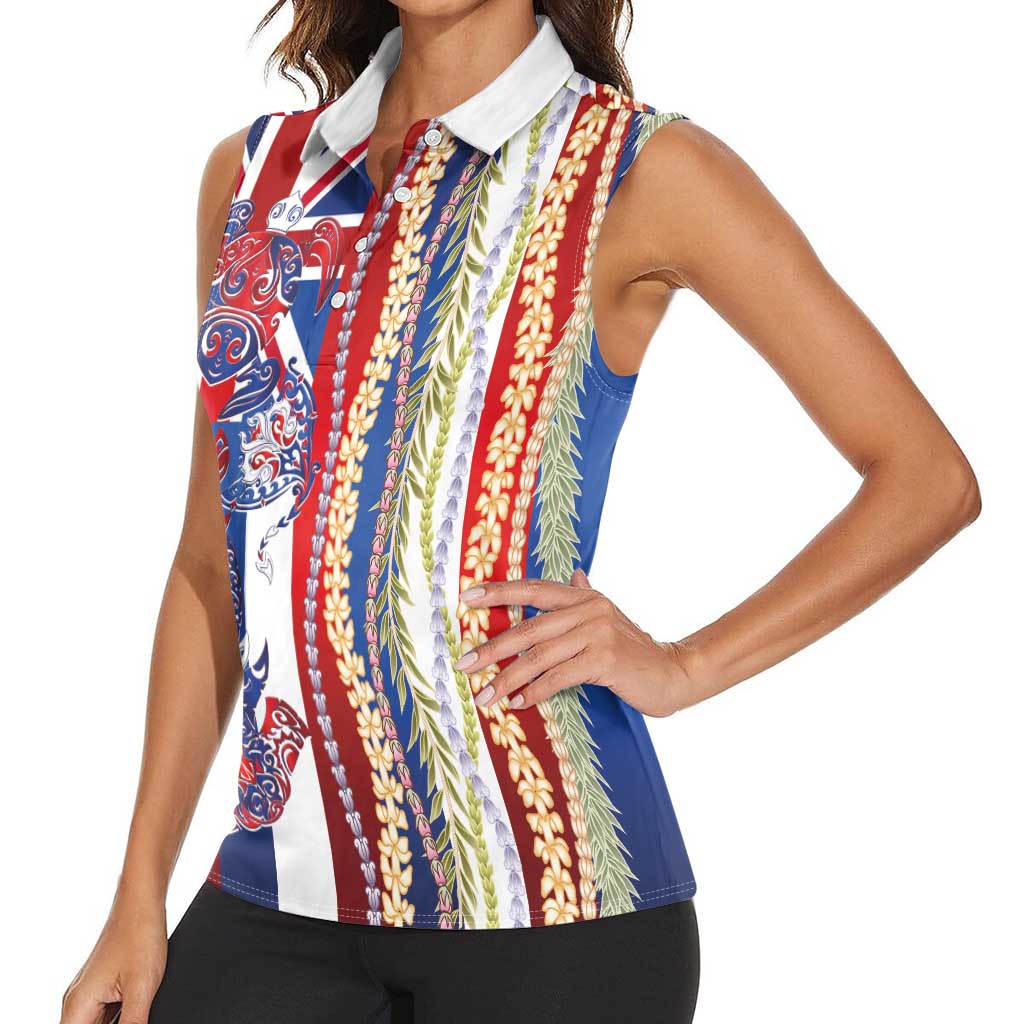 Hawaiian Sea Animals Women Sleeveless Polo Shirt with Lei and Flag Style