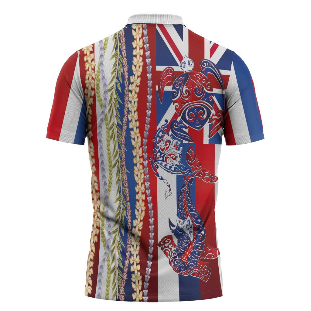 Hawaiian Sea Animals Zipper Polo Shirt with Lei and Flag Style