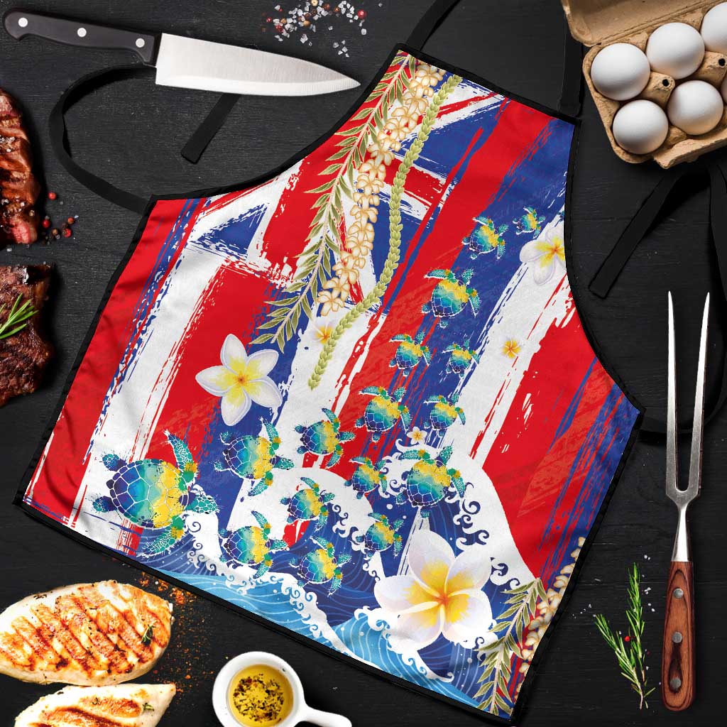 Hawaiian Sea Turtles and Plumeria Apron with Lei and Flag Grunge Style