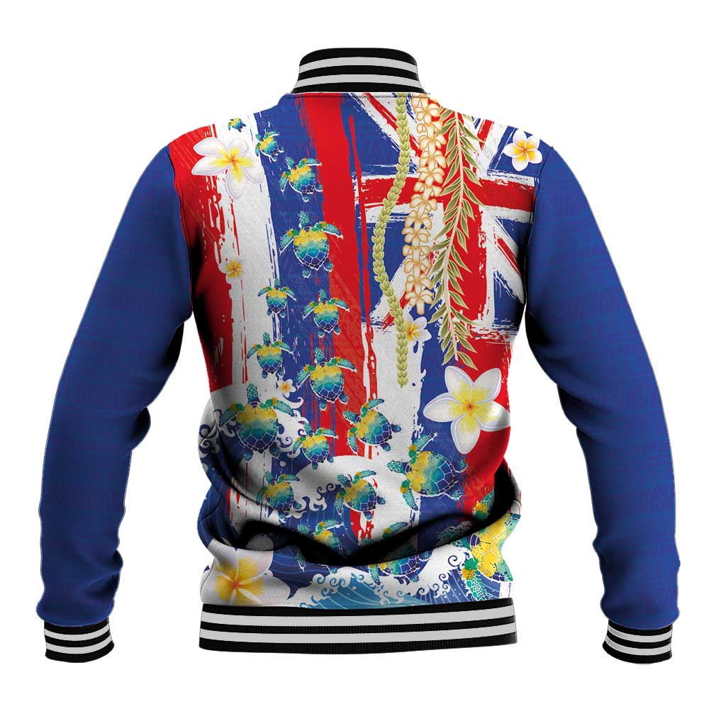 Hawaiian Sea Turtles and Plumeria Baseball Jacket with Lei and Flag Grunge Style