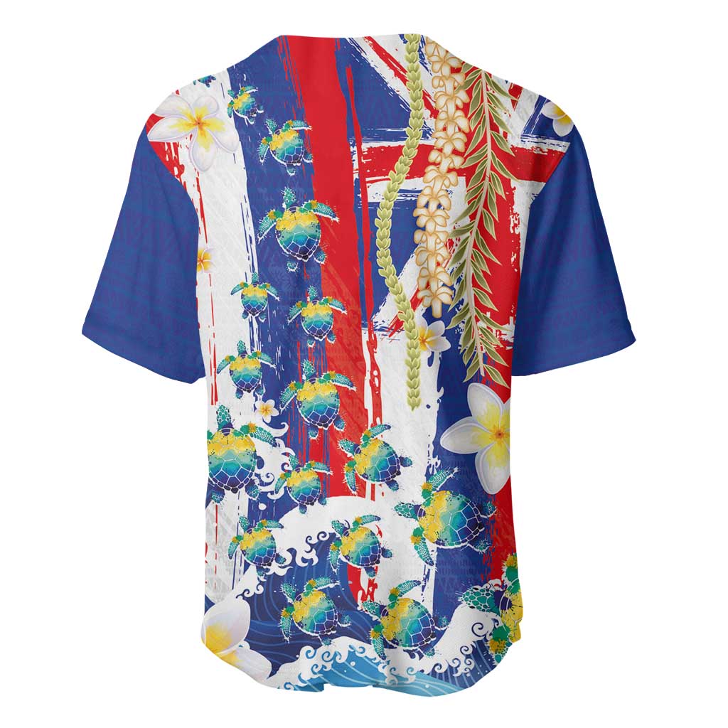 Hawaiian Sea Turtles and Plumeria Baseball Jersey with Lei and Flag Grunge Style LT03 - Polynesian Pride