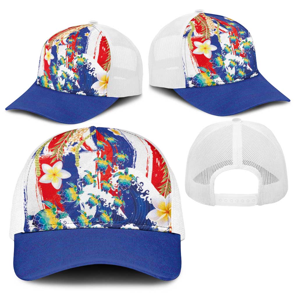 Hawaiian Sea Turtles and Plumeria Baseball Net Cap with Lei and Flag Grunge Style