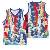 Hawaiian Sea Turtles and Plumeria Basketball Jersey with Lei and Flag Grunge Style LT03 - Polynesian Pride