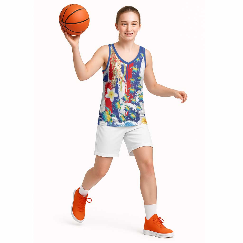 Hawaiian Sea Turtles and Plumeria Basketball Jersey with Lei and Flag Grunge Style LT03 - Polynesian Pride