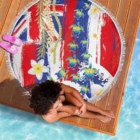Hawaiian Sea Turtles and Plumeria Beach Blanket with Lei and Flag Grunge Style