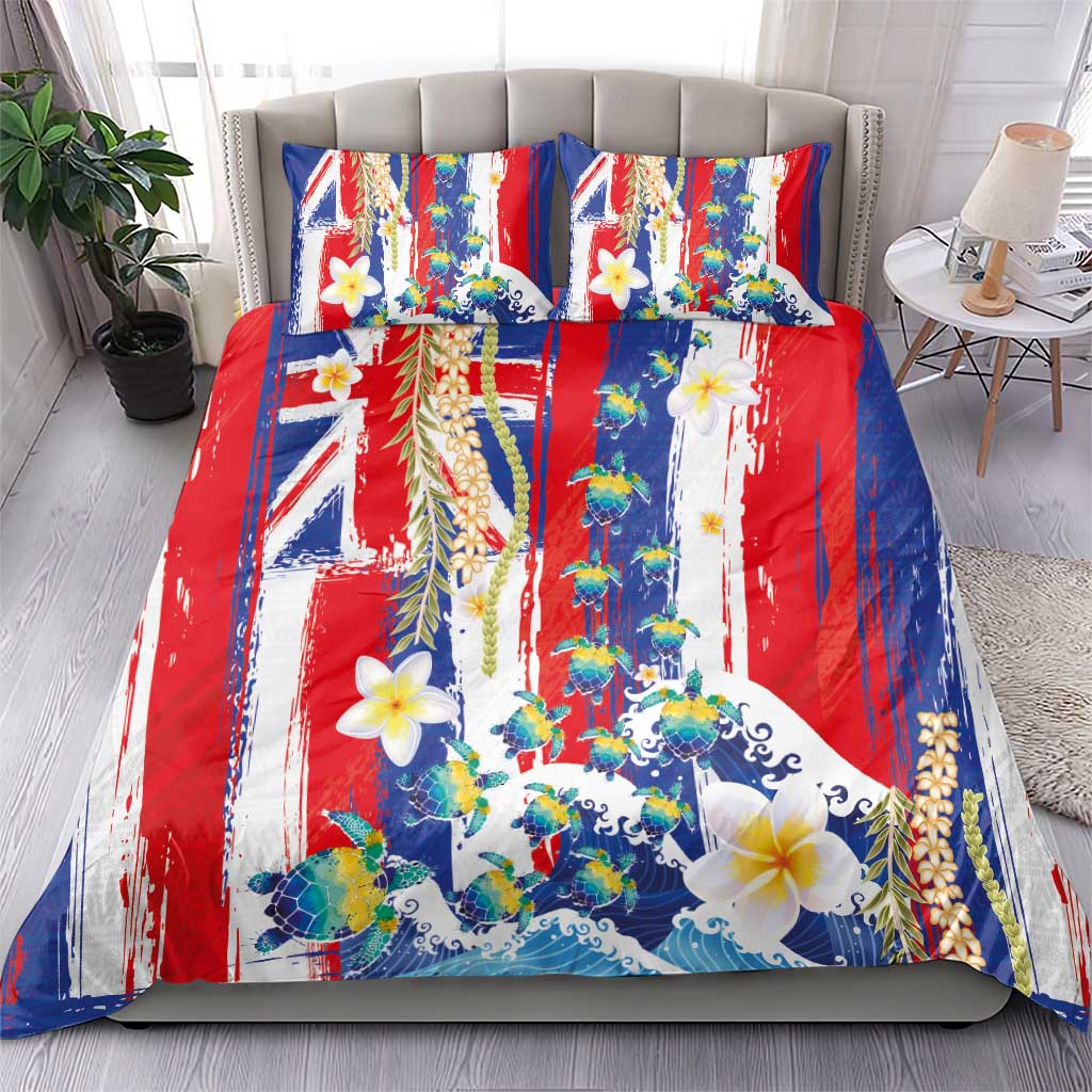 Hawaiian Sea Turtles and Plumeria Bedding Set with Lei and Flag Grunge Style