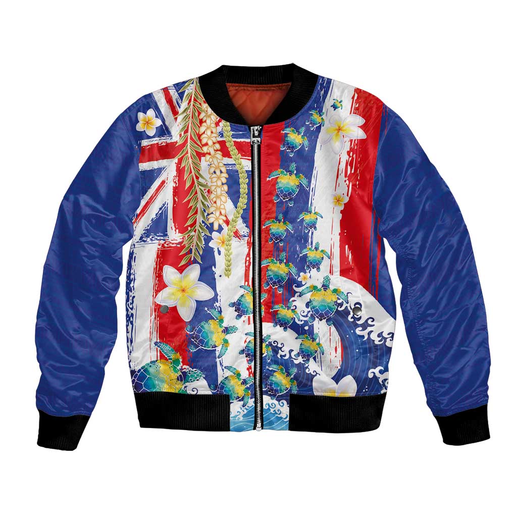 Hawaiian Sea Turtles and Plumeria Bomber Jacket with Lei and Flag Grunge Style