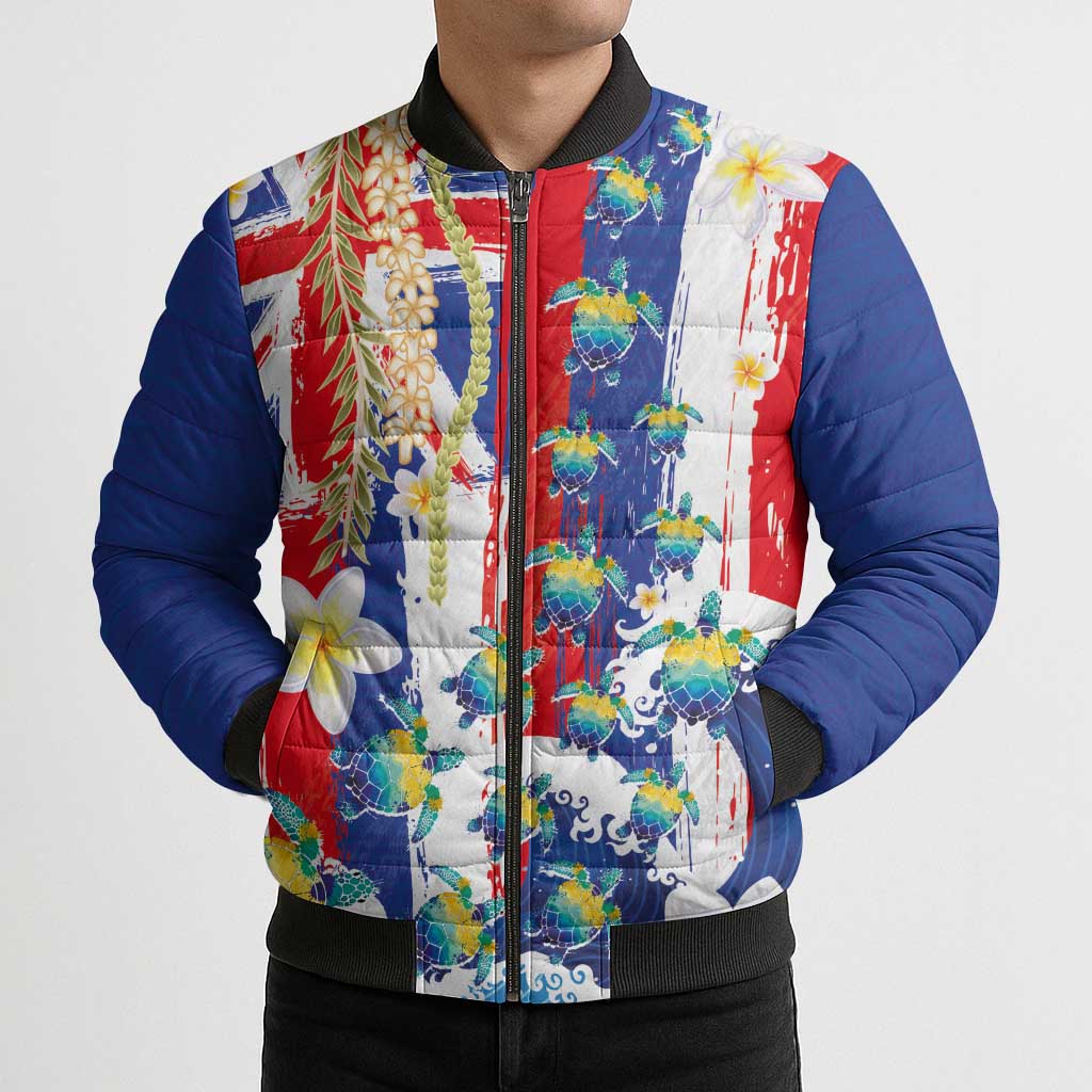 Hawaiian Sea Turtles and Plumeria Bomber Puffer Jacket with Lei and Flag Grunge Style