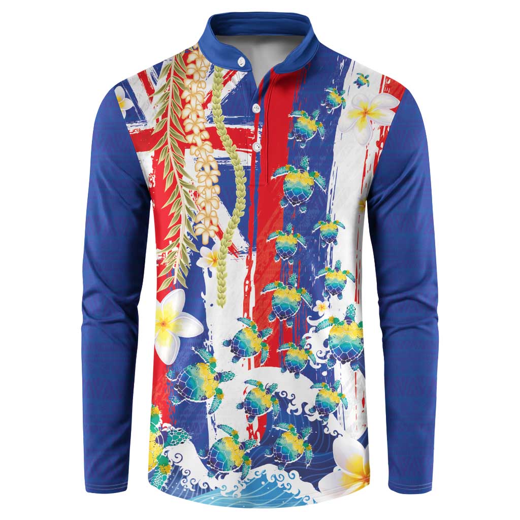 Hawaiian Sea Turtles and Plumeria Button Sweatshirt with Lei and Flag Grunge Style LT03 Multicolor - Polynesian Pride