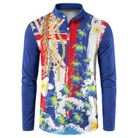 Hawaiian Sea Turtles and Plumeria Button Sweatshirt with Lei and Flag Grunge Style