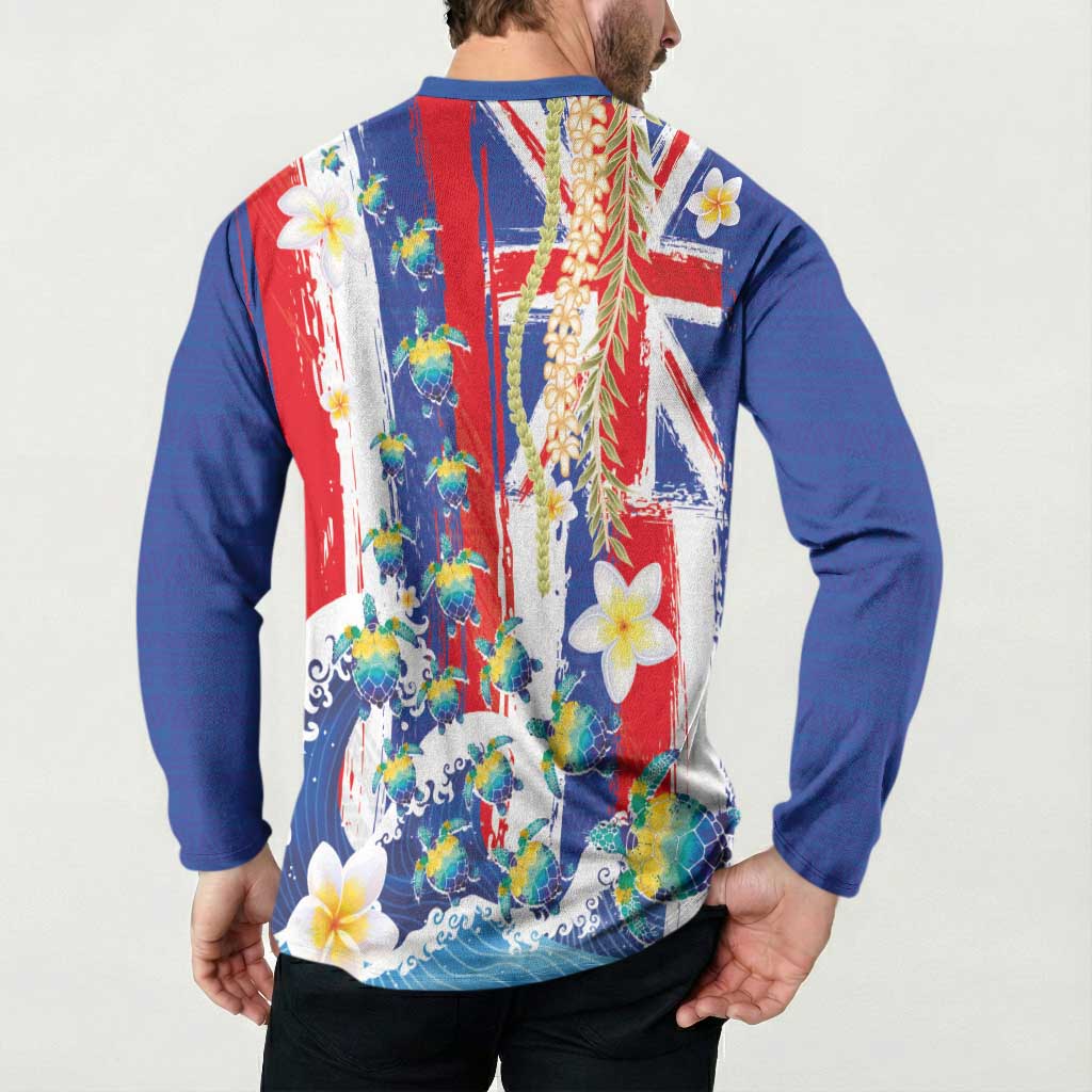 Hawaiian Sea Turtles and Plumeria Button Sweatshirt with Lei and Flag Grunge Style