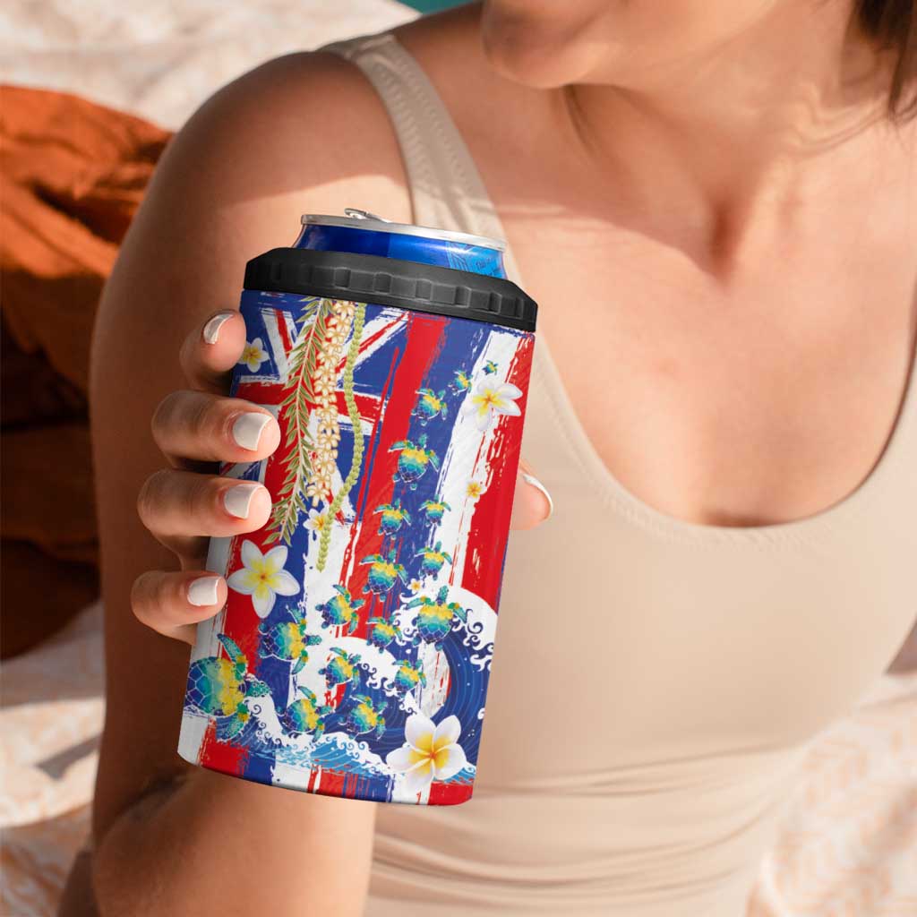 Hawaiian Sea Turtles and Plumeria 4 in 1 Can Cooler Tumbler with Lei and Flag Grunge Style