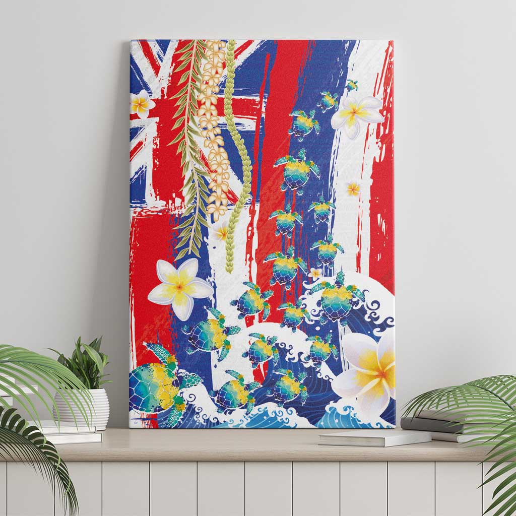 Hawaiian Sea Turtles and Plumeria Canvas Wall Art with Lei and Flag Grunge Style LT03 - Polynesian Pride
