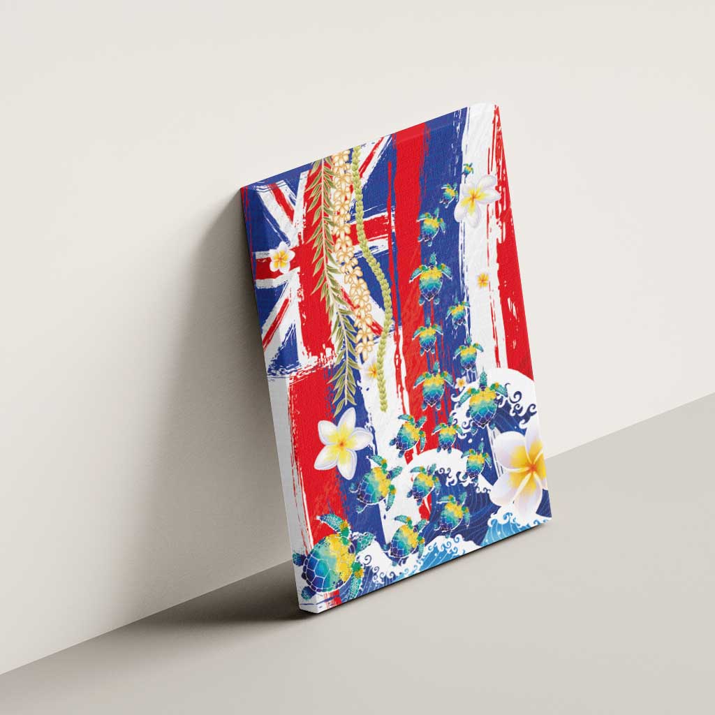 Hawaiian Sea Turtles and Plumeria Canvas Wall Art with Lei and Flag Grunge Style LT03 - Polynesian Pride