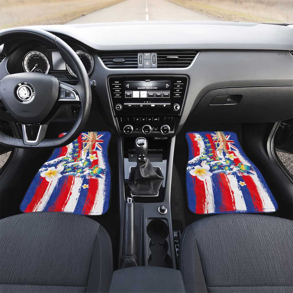Hawaiian Sea Turtles and Plumeria Car Mats with Lei and Flag Grunge Style LT03 Set 2pcs - Front Multicolor - Polynesian Pride