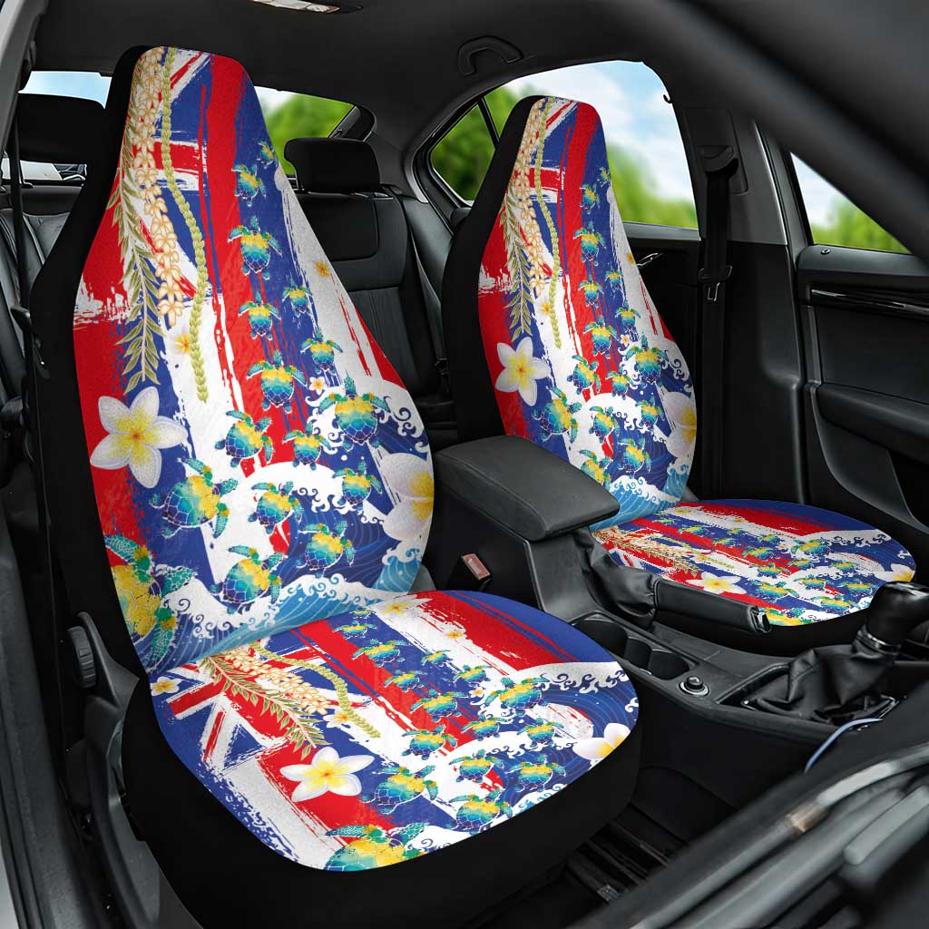 Hawaiian Sea Turtles and Plumeria Car Seat Cover with Lei and Flag Grunge Style
