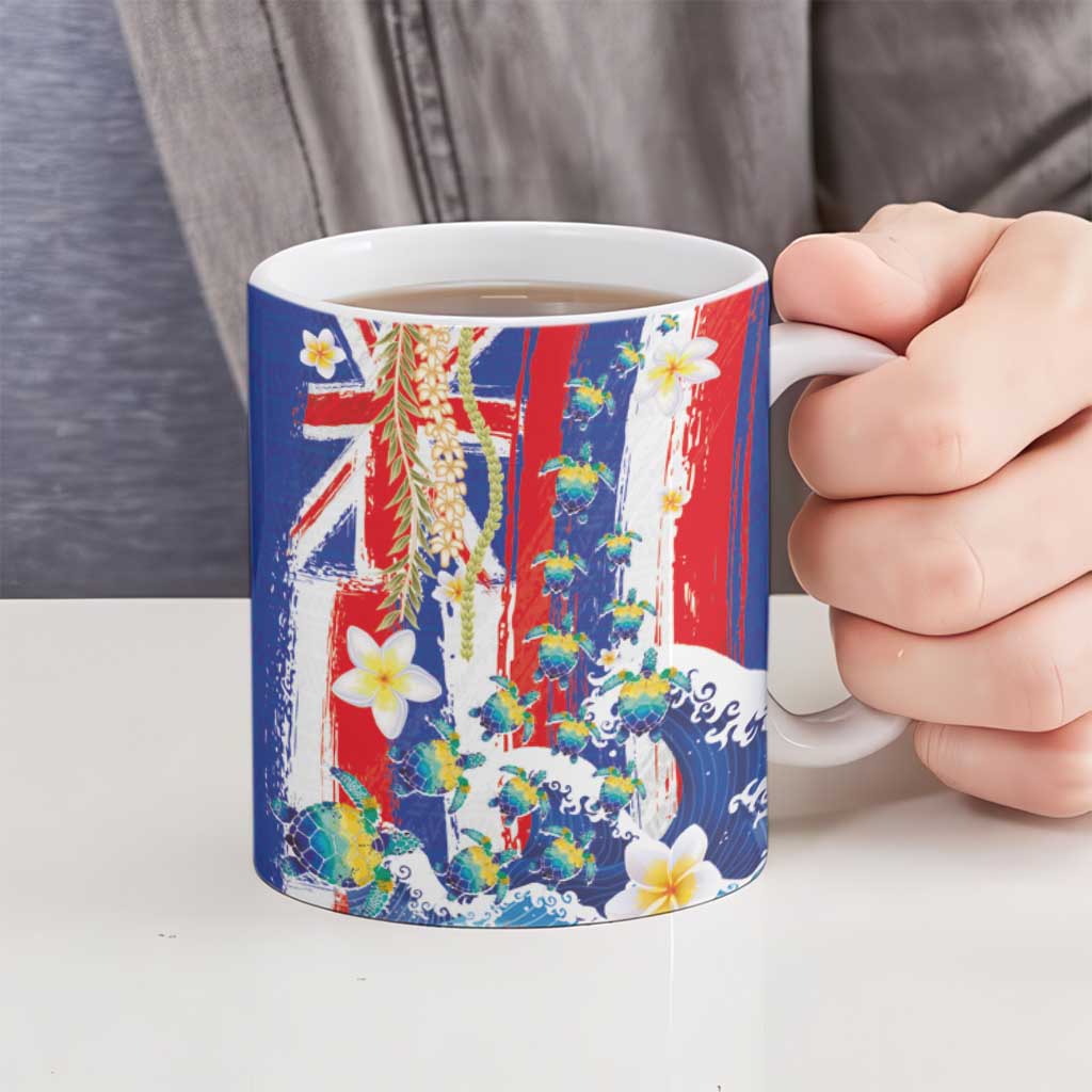 Hawaiian Sea Turtles and Plumeria Ceramic Mug with Lei and Flag Grunge Style