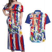 Hawaiian Sea Turtles and Plumeria Couples Matching Off Shoulder Maxi Dress and Hawaiian Shirt with Lei and Flag Grunge Style LT03 Multicolor - Polynesian Pride