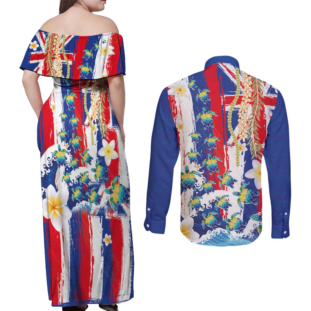 Hawaiian Sea Turtles and Plumeria Couples Matching Off Shoulder Maxi Dress and Long Sleeve Button Shirt with Lei and Flag Grunge Style