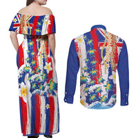 Hawaiian Sea Turtles and Plumeria Couples Matching Off Shoulder Maxi Dress and Long Sleeve Button Shirt with Lei and Flag Grunge Style