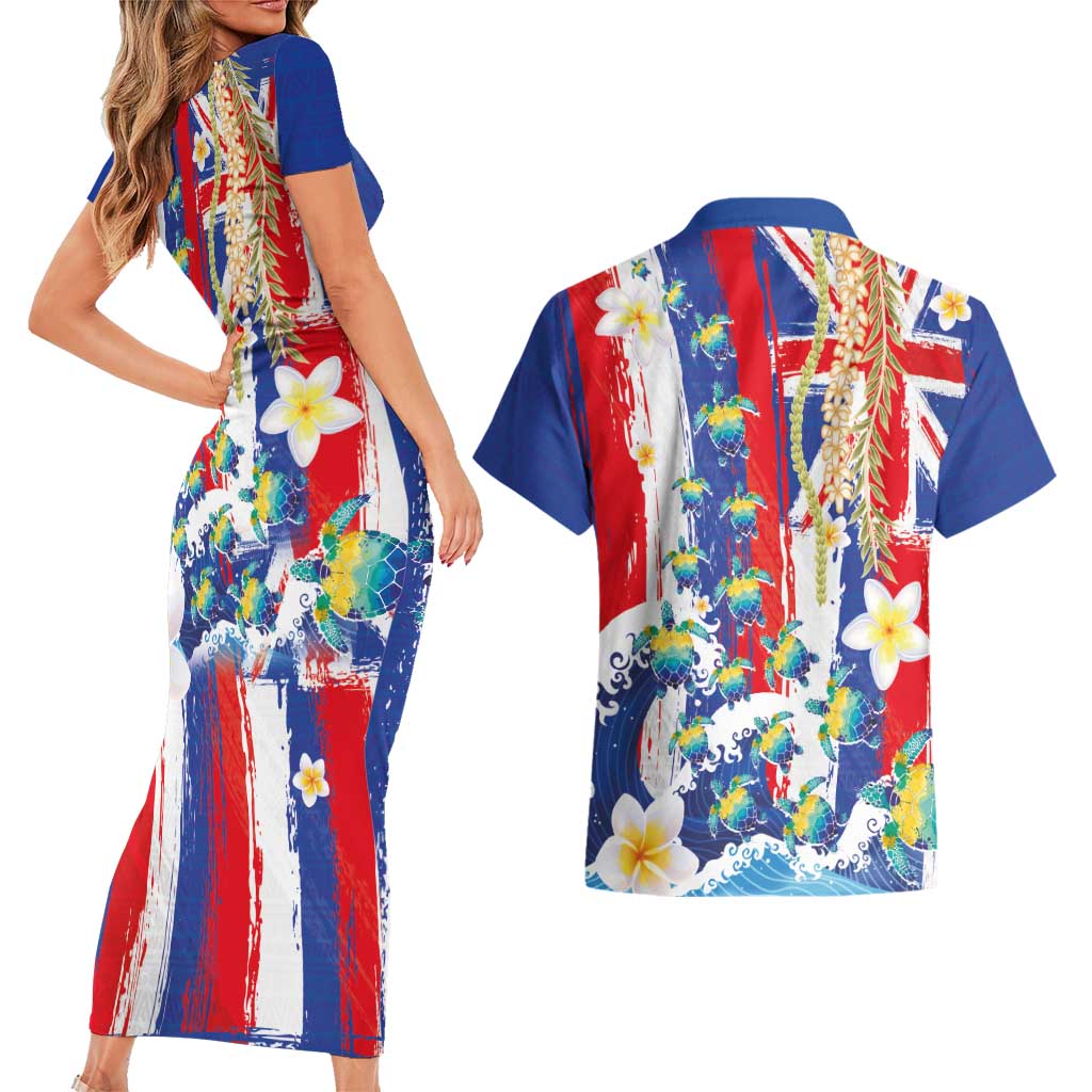 Hawaiian Sea Turtles and Plumeria Couples Matching Short Sleeve Bodycon Dress and Hawaiian Shirt with Lei and Flag Grunge Style LT03 - Polynesian Pride