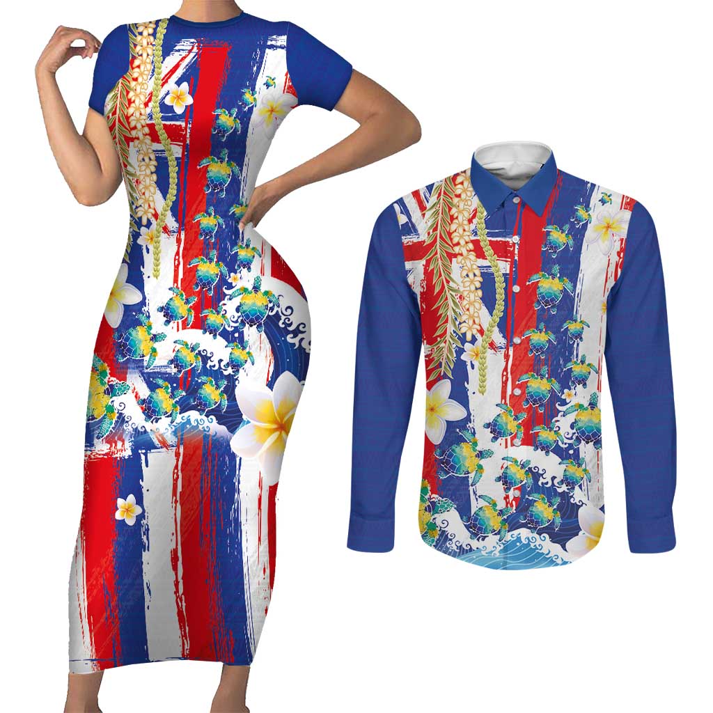 Hawaiian Sea Turtles and Plumeria Couples Matching Short Sleeve Bodycon Dress and Long Sleeve Button Shirt with Lei and Flag Grunge Style LT03 Multicolor - Polynesian Pride